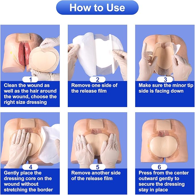 Sacral Foam Dressing 9" x 9" - Border Sacrum Bandage for Bed Sores Pressure, Silicone Adhesive Wound Dressing Pads for Large Wound, 5 Count