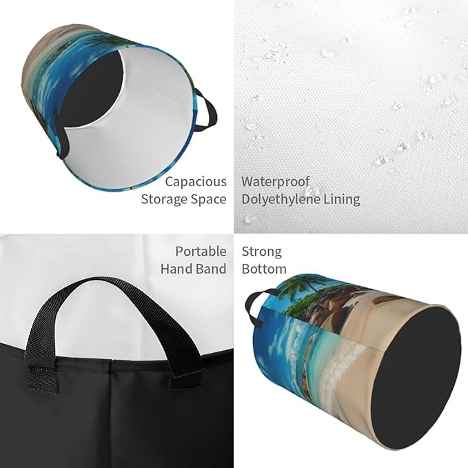 Laundry Basket Seaside Palm Trees Collapsible Large Capacity, 63L Dirty Clothes Basket Durable Lightweight Hamper With Handles Ideal For Clothes,Toys Home Organization15.7 * 19.6in