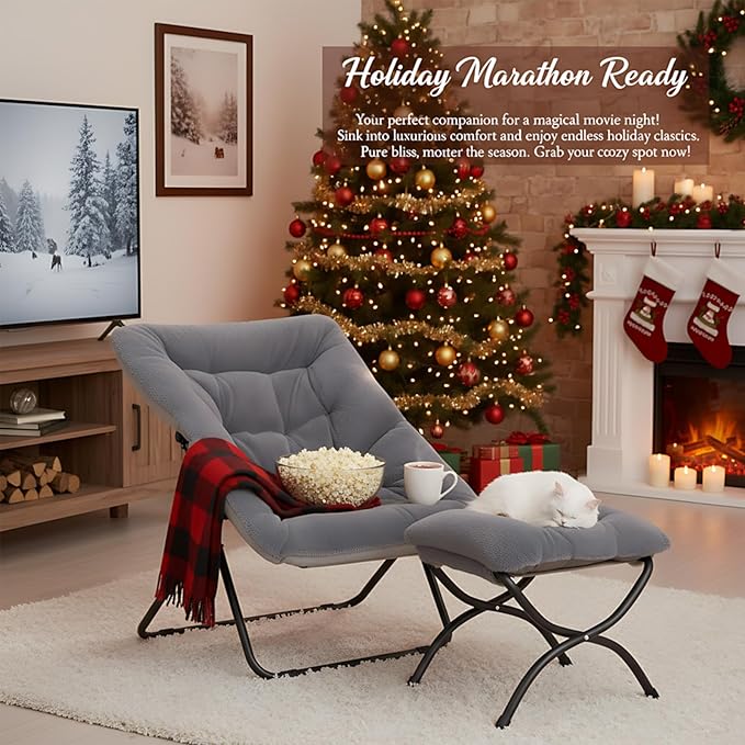 Tiita Folded Chair with Ottoman, Soft Faux Fur Oversized Folding Accent Chair,Lounge Lazy Chair, Metal Frame Moon Chair for Bedroom, Living Room, Dorm Rooms, Garden and Courtyard