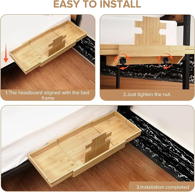 High Capacity Bedside Shelf, Bunk Bed Side Table, Loft Nightstand Organizer Tray, Loft Bed Shelf with Scalable Tray for Dorm Room, Clip On Nightstand with Cord Holder - Natural Bamboo