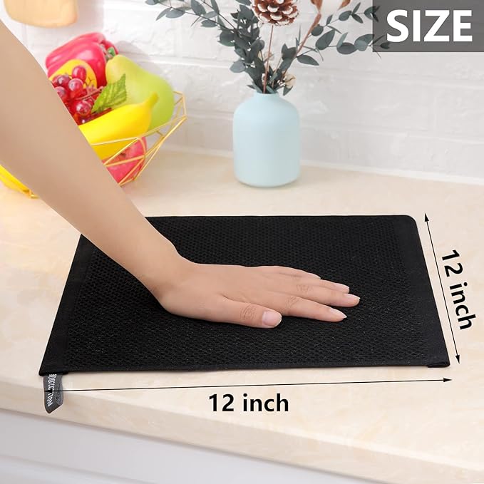 Homaxy 100% Cotton Waffle Weave Kitchen Dish Cloths, Ultra Soft Absorbent Quick Drying Dish Towels, 12 x 12 Inches, 12-Pack, Black