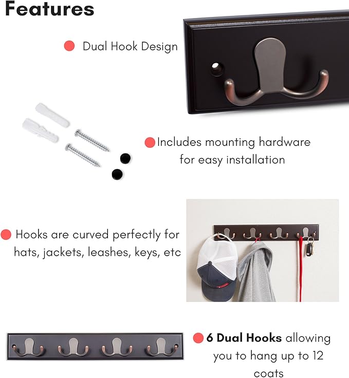 BIRDROCK HOME Dual Hook Coat Rack | 4 Dual Hooks | Wall Mounted Hat Key Rack Rail | Oil Rubbed Bronze Hooks | Dark Brown Pine Bathroom Rail