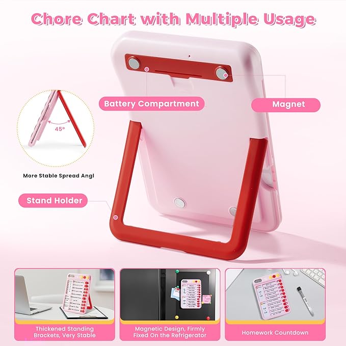 Magnetic Chore Chart for Kids with Time Timer, 99-Min Countdown/Up Visual Timer, Dry-Erase Reward Chart with Sliders, to Do List & Routine Checklist, Visual Schedule, Autism/ADHD Tools (Pink)