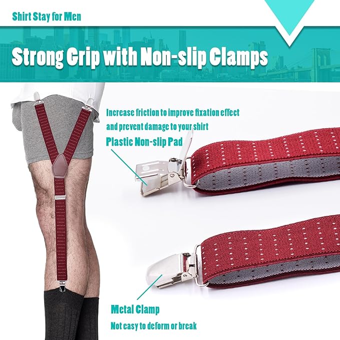 STAY GENT Y-Style Shirt Stays For Men with Non-Slip Locking Clamps and Adjustable Elastic Straps