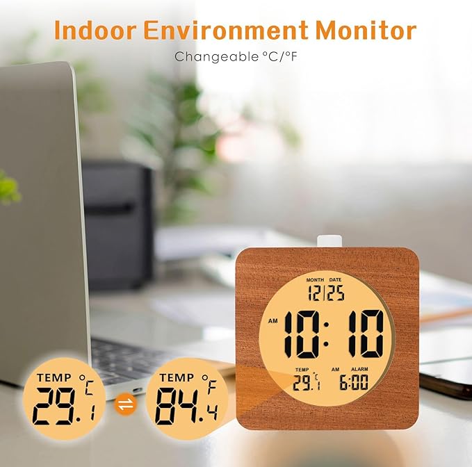 Plumeet Wooden Digital Alarm Clock for Bedrooms, Wood 4'' Battery Powered Alarm Clock with Snooze and Nightlight, Electronic LCD Desk Clock Display Time, Date, Temp, 12/24H, Wood Décor, Square, Sapele