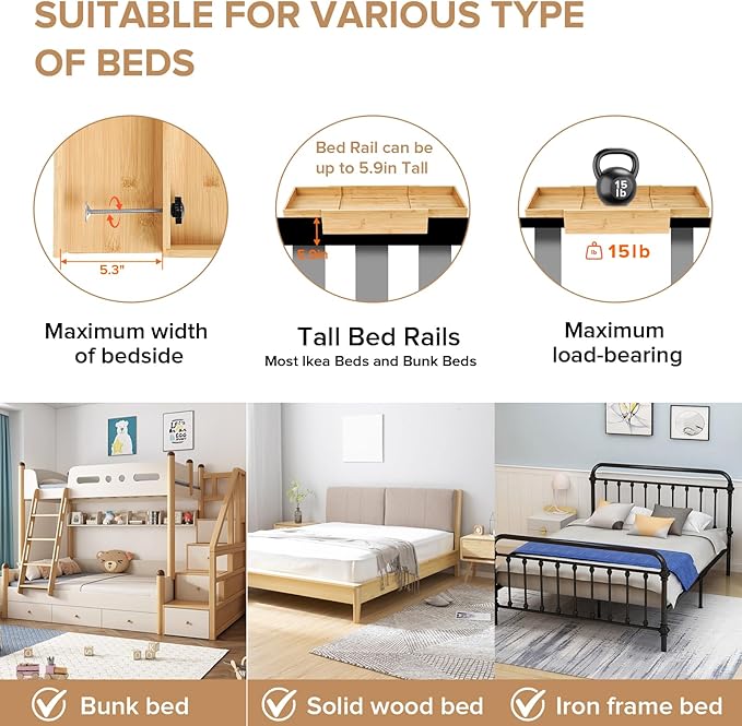 High Capacity Bedside Shelf, Bunk Bed Side Table, Loft Nightstand Organizer Tray, Loft Bed Shelf with Scalable Tray for Dorm Room, Clip On Nightstand with Cord Holder - Natural Bamboo
