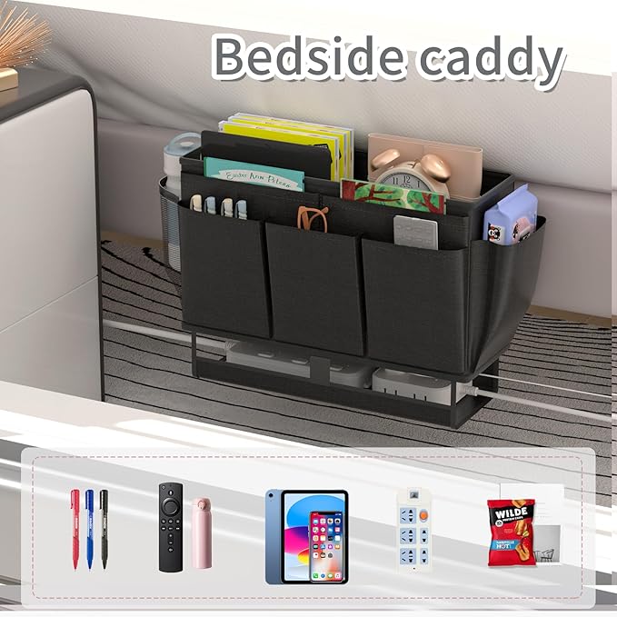 Bedside Caddy, Bed Organizer with 11 Pockets and Power Strip Holder,Versatile Bedside Storage Caddy for Home,Dorm,Bunk,Hospital,Crib Bed (2 Pack Black)