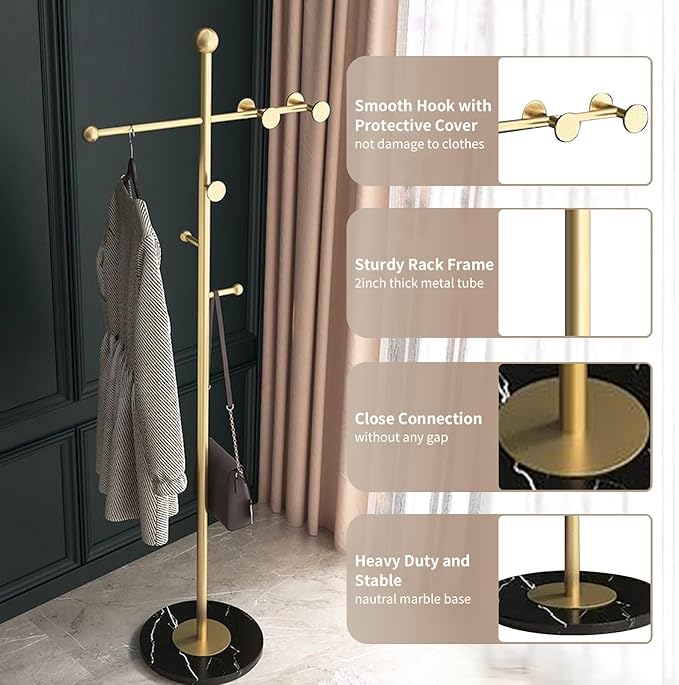 Modern Metal Coat Rack Stand, Heavy Duty T-shaped Coat Rack Freestanding with Natural Marble Base, 8 Hooks, Ideal for Bedroom, Entryway, Hallway, Office, Gifts for Women, for Mom, for Men (Gold)