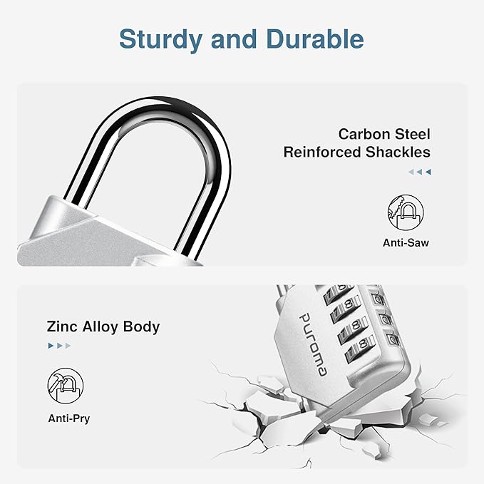 Puroma 4 Pack Combination Lock for Locker 4 Digit Outdoor Waterproof Padlock for School, Gym, Sports, Fence, Toolbox, Gate, Case, Outdoor, Hasp Storage, Cabinets (Silver)