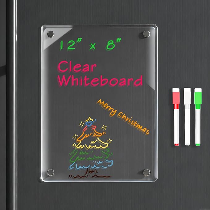 Magnetic Clear Dry Erase Board for Fridge, 12 X 8 inch Acrylic Note Whiteboard with 3 Markers