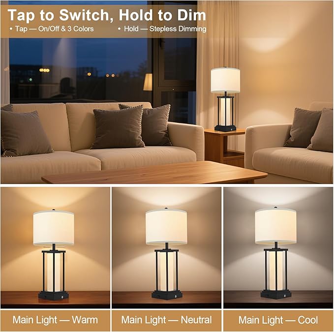 End Table Lamps, Touch Lamps, 3 Color Temperatures, Stepless Dimming, Bedside Lamps with USB C+A Ports, Living Room Table Lamps, Bedroom Lamps for Nightstand(Bulbs Included) - 1 Pack