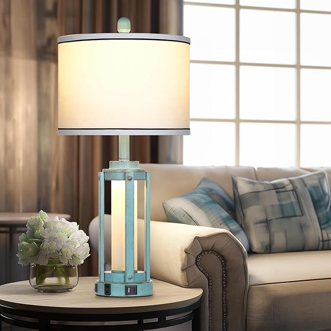 Farmhouse Lamps Set of 2, 26" Vintage Rustic Industrial Beside Lamps with USB A+C Charging Ports & AC Outlet, Nightstand Metal Lamp with LED Night Light & Fabric Shade for Living Room Bedrooms Blue