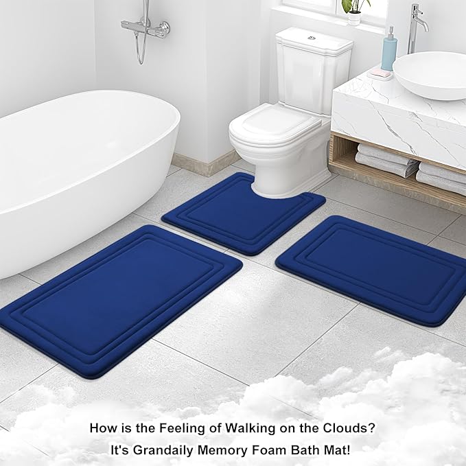 Grandaily Memory Foam Bath Mat Rug 30x20, Ultra Soft, Non-Slip and Absorbent Bathroom Rugs, Machine Wash Dry, Comfortable Bath Carpet for Bathroom Floor, Tub and Shower, Navy Blue