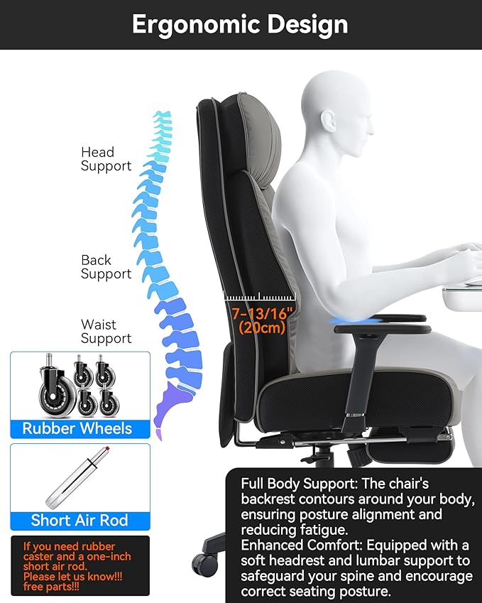 DJ·Wang Big and Tall Office Chair 400lbs with Foot Rest, High Back Executive Office Chair with Extra-Thick Spring Cushion, Ergonomic Leather Chairs Dark Gray