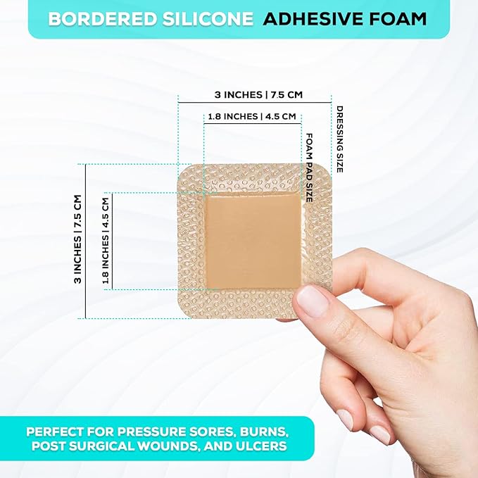 MedVance Bordered Adhesive Silicone Foam Dressing Pack of 10 - Waterproof Silicone Pad - Easy Apply & Remove Sterile Bandages - Wound Care & Dressings for Burns & More (3"x3" Bandage, 1.8"x1.8" Pad)