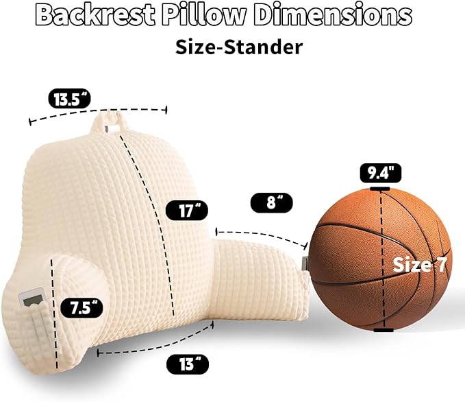 Reading Pillow for Sitting in Bed, Large Backrest Reading Pillow with Arm Rest,Back-Rest Support Cushion for Sit Up on Couch, Sofa, and Floor, Dorm Essentials (Cream Flannel, Standard(17inch))