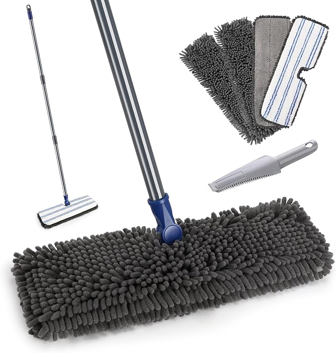 Microfiber Mops for Floor Cleaning, Masthome Dust Mop with 4 Washable Pads, 2-SidedMicrofiber Flip Mop for Wet & Dry Use, Flat Floor Mops for Hardwood, Laminate, Vinyl,Kitchen, Tile -1 Scraper