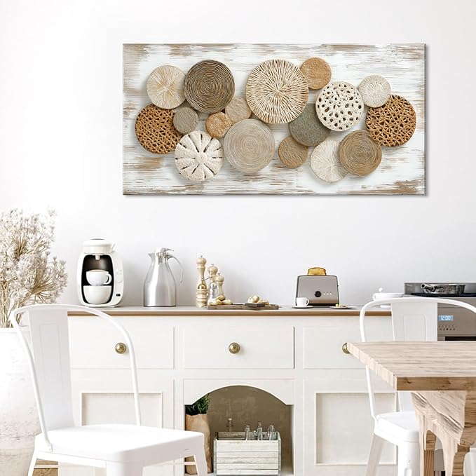 Brown Rattan Plates Canvas Wall Art for Living Room Painting Prints Beautiful Geometric Radial Geometry White Modern Artwork Office Bedroom Girls Decor Large