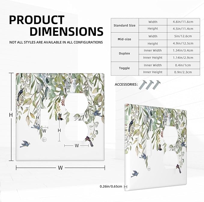 Green Leaf Eucalyptus Leaves Floral Bird Butterfly Wallplates 1 Toggle 1 Duplex Switch Plate Electrical GFCI Faceplate Decorative Light Switch Covers for Bed Room Living Room Decor