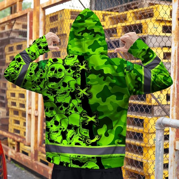 Maddly Hi Vis Reflective Zip Up Hoodie, High Visibility Safety Jacket with Skull Design for runner, worker, trucker, cyclist