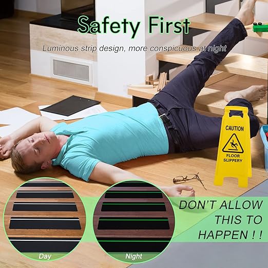 S&X Outdoor Stair Treads Non-Slip 25-Pack 6" x 24" with Glow-in-The-Dark Stripe Heavy Duty Anti Slip Tape for All Slippery Surfaces - Weather Resistant Grip Tape for Stairs, Steps