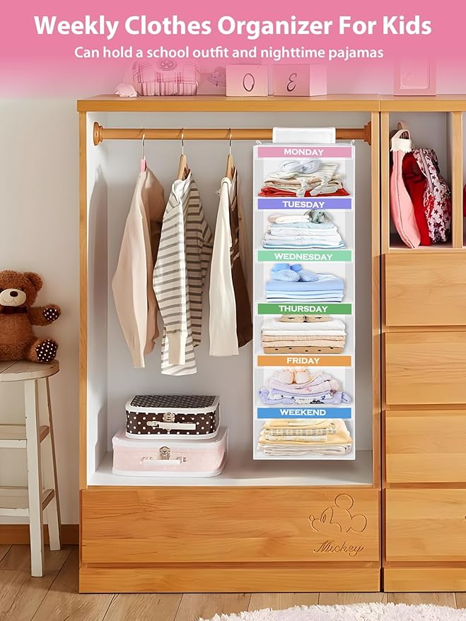 Weekly Clothes Organizer for Kids 6-Shelf Hanging Closet Organizer with Monday Through Friday Compartments & 2 Side Pockets – Space-Saving Clothes Storage for Children Closet Storage