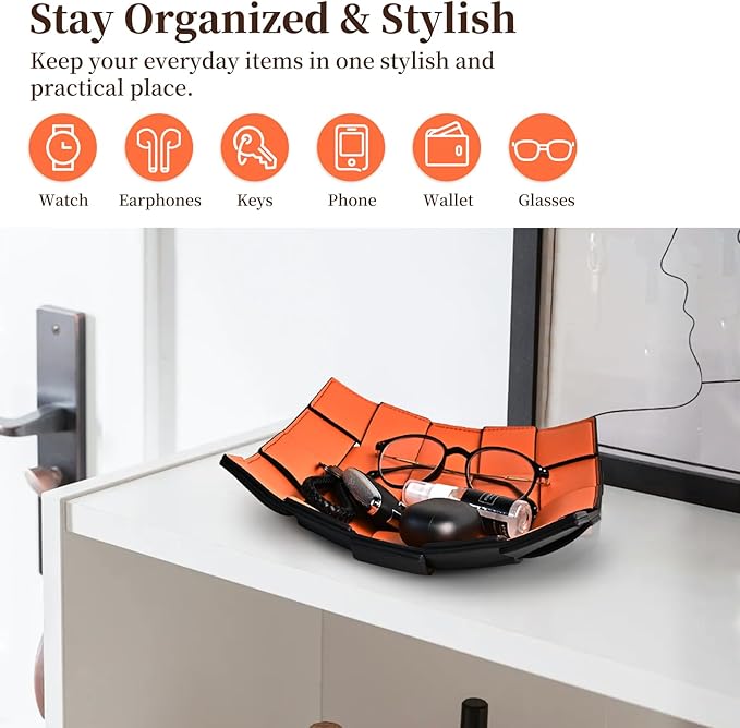 Valet Tray PU Leather Key Holder Bowl for Women and Men Entryway Table Nightstand Desk Tray for Wallet, Keys Men's Gift - Orange & Black, 9.8" L x 9.8" W x 2" H