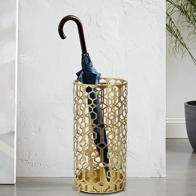 Joveco Metal Umbrella Racks, Gold Round Stand Holder Organizer with Drip Tray, Freestanding Holders for Canes Walking Sticks Entryway Home Office (Gold)