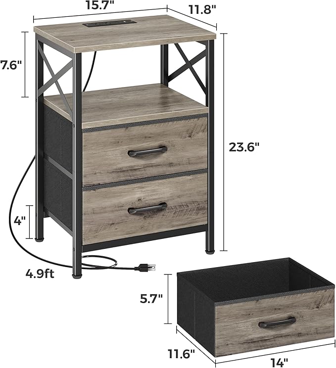 Huuger Nightstands Set of 2, Night Stand with Charger Station, 2 Drawer Side Table with Open Shelf, USB-C Port, End Table for Small Spaces, X Shaped Side Rail, Oak