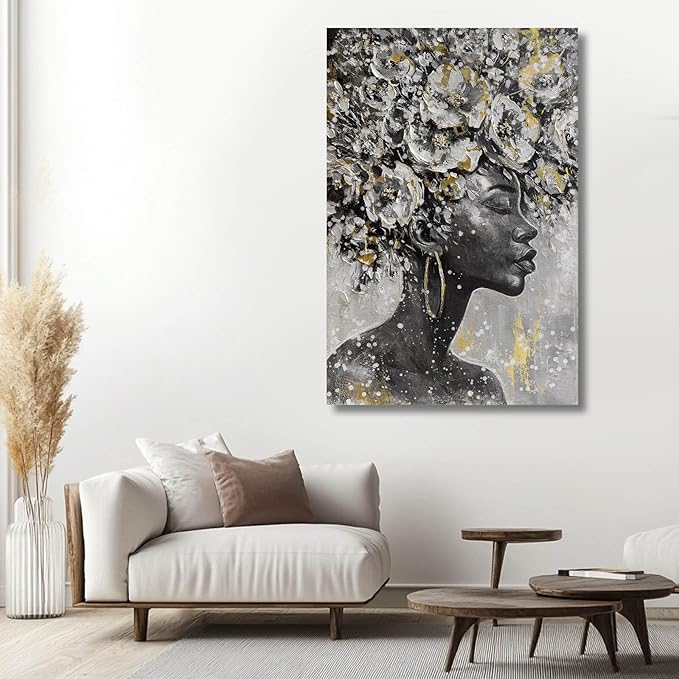 MLART99 African American Posters Black Woman Wall Art Gold and White Floral Canvas Artwork for Living Room Modern Photo Prints for Home 24x36 Inch Bedroom Pictures Wall Decor