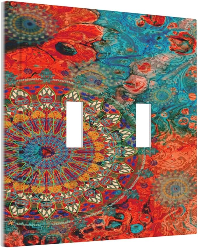 Abstract Ombre Colorful Indian Mandala 2 Gang Light Switch Plate Cover Double Toggle Wall Plate Decorative Switchplate Electrical Faceplate for Livingroom Bedroom Bathroom Decor