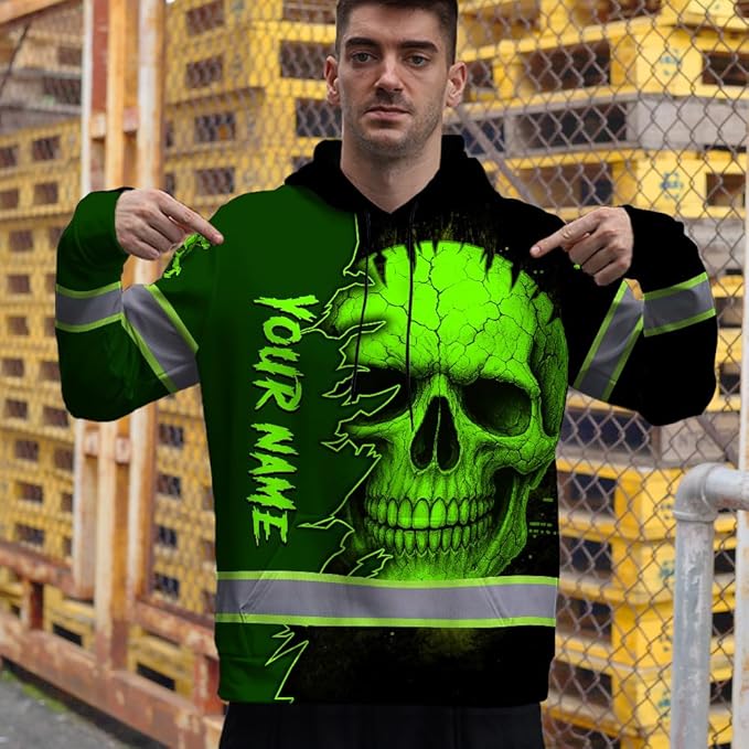 Matedecor Skull US Flag Reflective High Visibility Hoodie For Men Construction Hi Vis Safety Workwear Custom Name