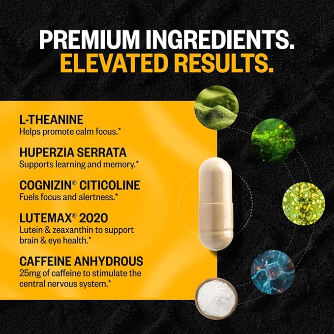 ONNIT Alpha Brain Black Label Capsules, IGEN Non-GMO Tested Citicoline Brain Supplement for Concentration and Memory, Lion’s Mane, Lutemax Lutein, L Theanine and Mucuna Pruriens, 80 Count