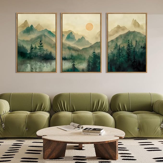 IARTTOP Large Forest Green Wall Art Framed 24x36 Inch Foggy Mountain Landscape Canvas Art Prints Nature Landscape Wall Decor for Living Room Bedroom Office Set of 3