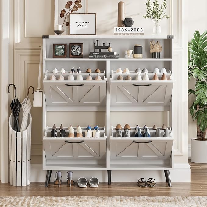 Shoe Cabinet with 4 Flip Drawers,Farmhouse Shoe Storage Cabinet for Entryway,Narrow Freestanding Organizer Rack with Open Shelves for Foyer,Hallway,White