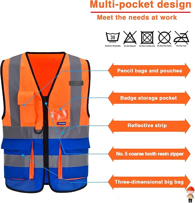 A-SAFETY Reflective Safety Vest, Hi Vis 9 Pockets High Visibility Zipper Front Safety Vest, Orange&Blue Color Mixed, L