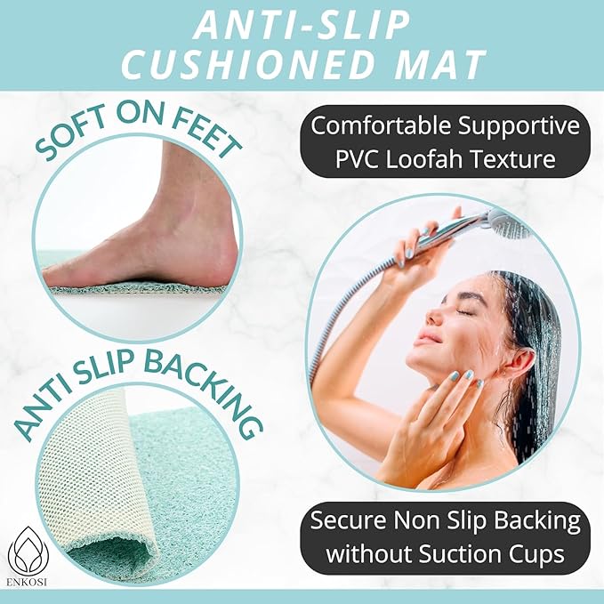 Anti Slip Shower Mat - Non Slip Shower Mats for Inside Shower - Large 47x24 Loofah Shower Floor Mat Non Slip - Bath Mat for Shower - Secure Mat Without Suction Cups (47x24 Aqua Green)
