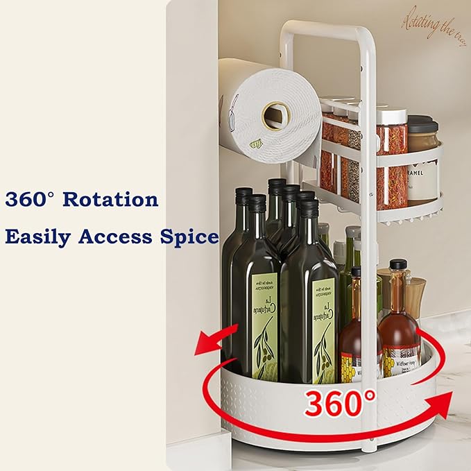 JEESA Lazy Susan Organizer, 360° Rotating Metal Spice Rack with Paper Towel Holder, Turntable Spice Holder for Condiments, Bottles, Jars, Suit for Kitchen Countertop & Cabinet, White