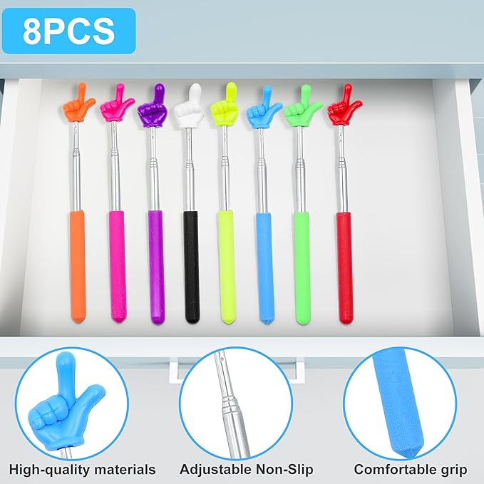 8Pcs Telescopic Teachers Pointer, Mini Pointer Finger Stick for Classroom, Retractable Hand Pointer for School Presentations(8 Colors)