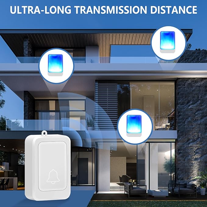 Loud Flash Doorbell with 7 Colors of Bright Light and 4 Volumes, Wireless Doorbells 600 feet,at Home/Office,Suitable for the Elderly, Hearing Impaired People, 2 Transmitters with 3 Receivers