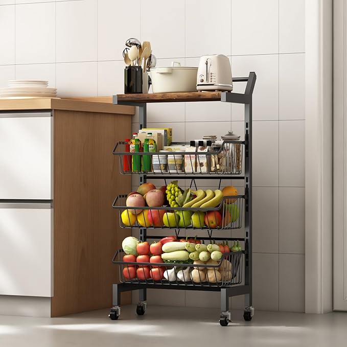 4-Tier Slim Rolling Storage Cart, Narrow Kitchen Cart with Lockable Wheels & Water-Resistant Wooden Tabletop, Small Space Utility Cart for Kitchen/Bathroom/Living Room/Laundry Room