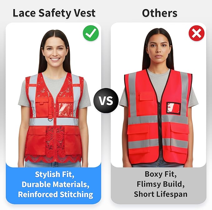 Lace-Mesh Safety Vest for Women & Men - Breathable, High Visibility Vest with Zipper & ANSI Class 2 Reflective Strips