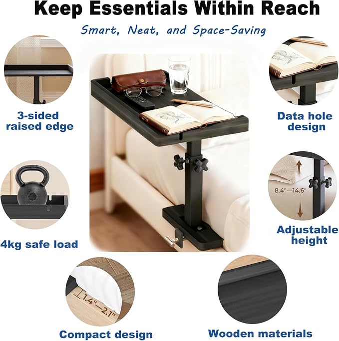 Bedside Shelf for Bed Frame, Clamp On Bedside Table Organizer, Dorm Room Nightstand Alternative for Phone, Glasses, Laptop, Books, Small Storage Tray for Bunk Bed College Dorm (Black)