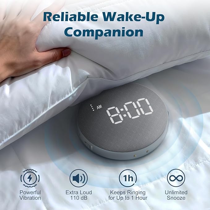 REACHER Super Loud Alarm Clock for Heavy Sleepers Adults Teens, Vibrating Alarm Clock Bed Shaker Under Pillow, Rechargeable Battery Powered for Travel, Auto-Dim, Portable