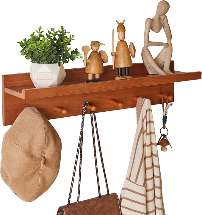 Wall Mounted Hook with Shelf, 23.62in Entryway Wall Hanging Shelf, Solid Wood Coat Hooks, for Bathroom, Kitchen, Cherry Wood Color YD-WS0260C