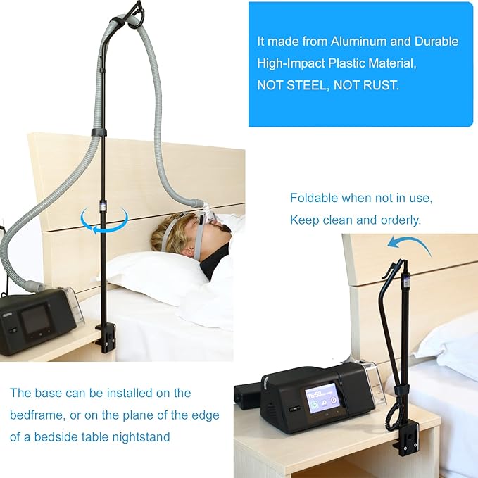 LONYEON CPAP Hose Holder - Height Adjustable Hose Lift, Removable and Foldable - Hose Support Hanger Provide 2 Clamping Sides Prevents Avoid Tangling, Blockage and Leakage, Black