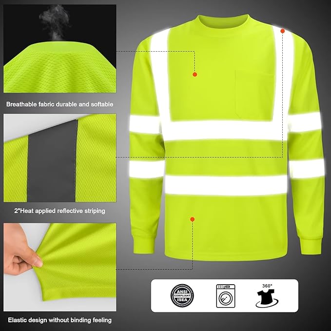 Hioh Visibility Class 3 T Shints, Hi vis Safety Shits with Refective Strips and Pocket ong Sleeve Quick Dry Mesh Construction Work Shirt for wenwomen Lime.4XL