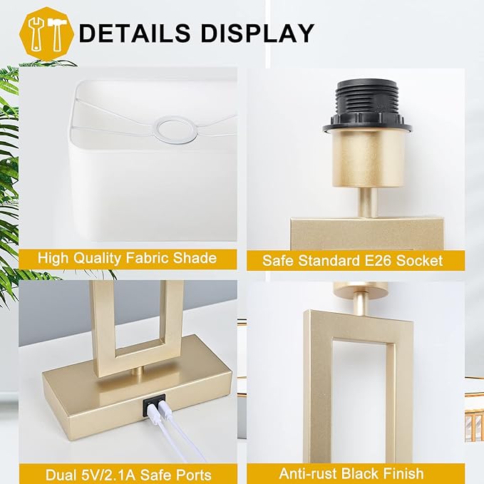 Set of 2 Table Lamps with Dual USB Ports,Touch Control Bedside Lamps Nightstand Lamps for Bedroom, 3-Way Dimmable Modern Desk Lamps Living Room Office, LED Bulbs Included, Gold&White