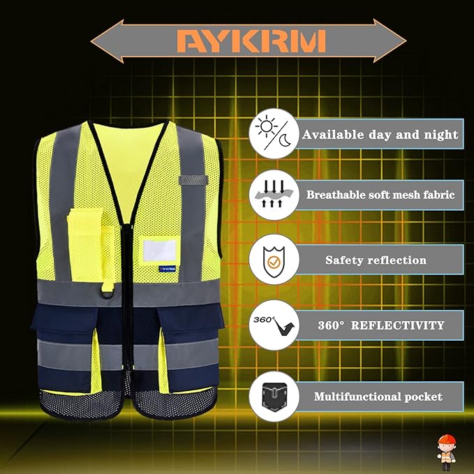 A-SAFETY High Visibility Mesh Safety Reflective Vest with Pockets and Zipper,Hi Vis Viz Reflective Safety Vest(Yellow&Navy Mesh S)