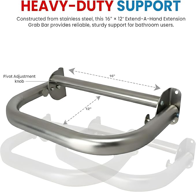 Extend-A-Hand Grab Bar Extension 16"x12"| Heavy-Duty Bathroom Safety Handrail, Non-Slip Stainless Steel Support Grab Bar for Elderly, Disabled & Injury Recovery.